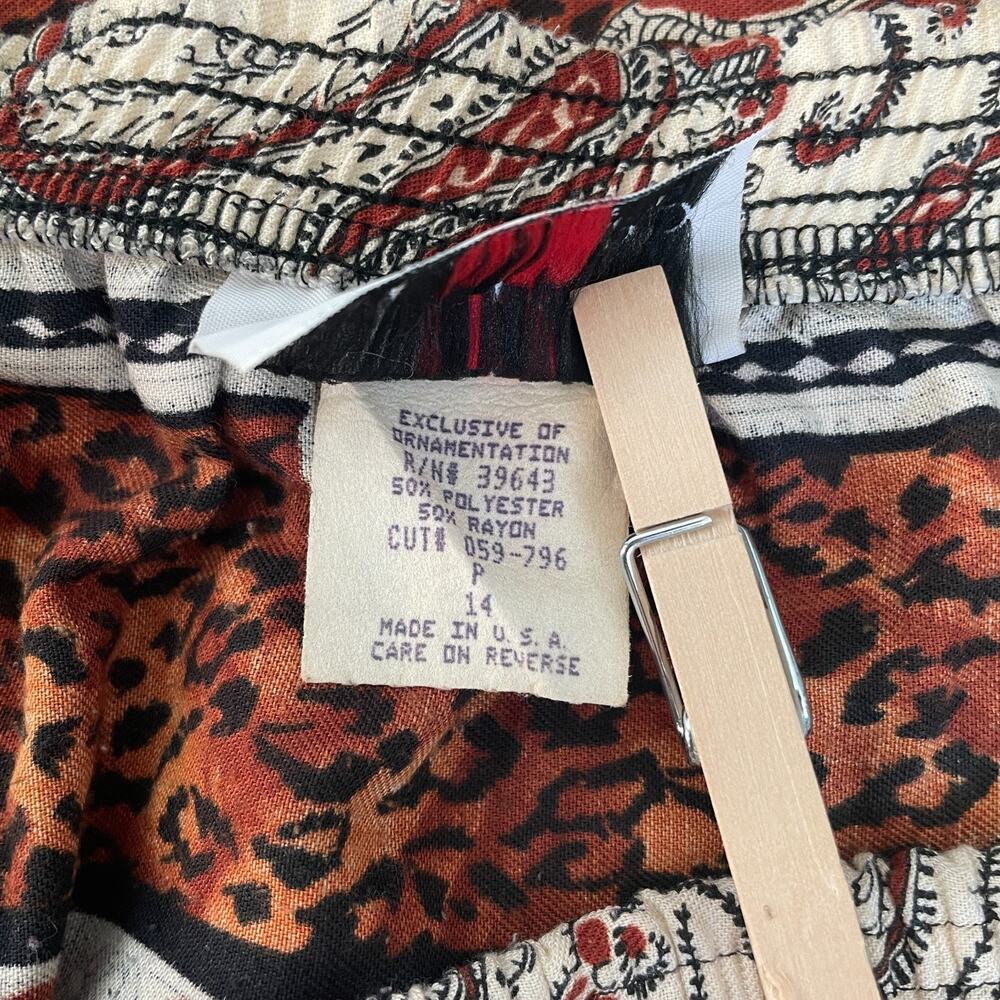 Vintage Mini Skirt Size 14 Black Brown Mix Print Cheetah Floral Boho Pull On 90s - Picture 13 of 16